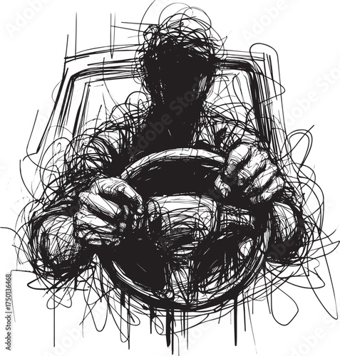 Abstract Sketch of Driver Gripping Steering Wheel in Stationary Vehicle