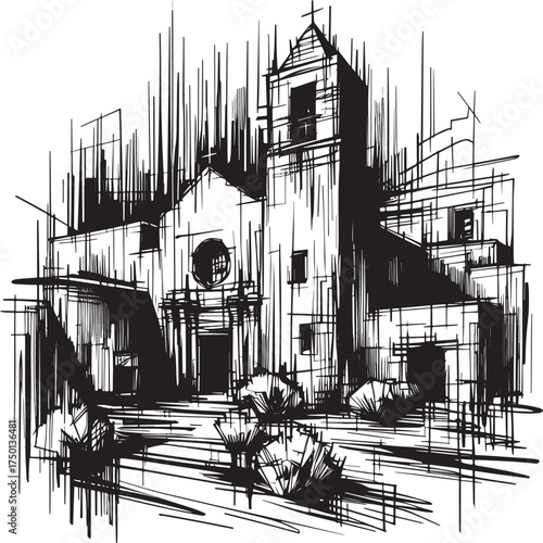 Expressive line art: Desert church with courtyard, in black and white