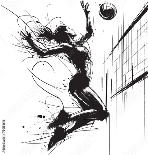 Dynamic Ink Drawing: A Volleyball Player's Intense Jump and Spike Action