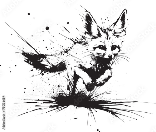 Abstract running fennec fox artistic impression with ink splash design element