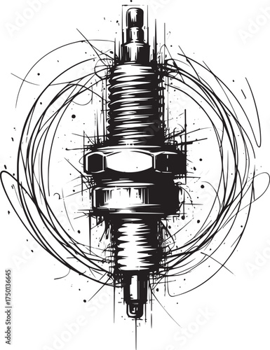 Abstract monochrome drawing featuring a spark plug design with gestural lines