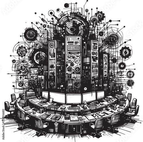 Monochrome abstract sketch of a centralized control room with data servers