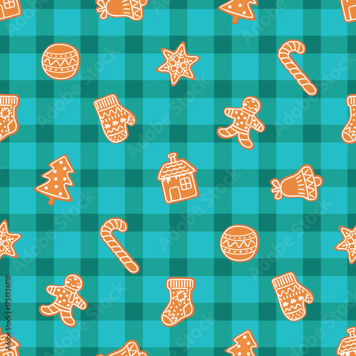 Christmas gingerbread cookies seamless pattern. Baked dough figures with fondant designs. Blue checkered background with beige and white objects. Print on fabric and paper. Festive food illustration.