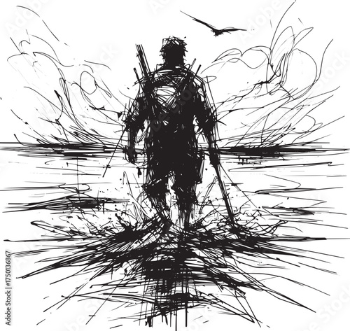 Abstract depiction of a lone figure navigating a waterway with bird flying above