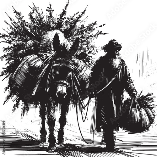 Abstract sketch of a man and mule laden with goods traversing village square