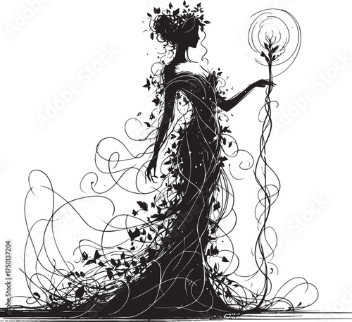 Abstract botanical woman silhouette wielding a glowing staff in intricate lines