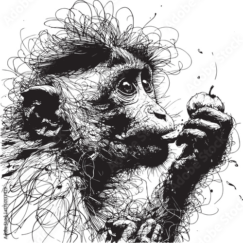Expressive sketch of bonnet macaque enjoying a fruit snack in black and white