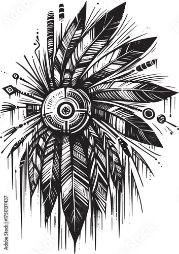 Stylized black and white sketch of a headdress with feathers and tribal symbol