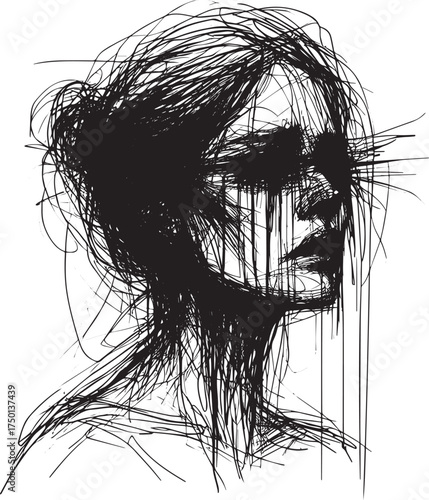 Expressive monochrome sketch portraying emotional pain, a woman's silent grief