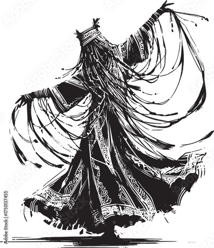 Abstract Monochrome Drawing: Tuareg Woman in Dance, Flowing Robes and Embroidery