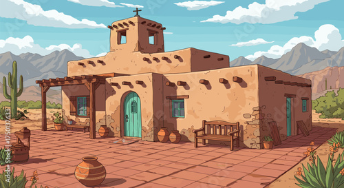 Adobe-style adobe house desert patio turquoise doors clay pots agave cactus mountain backdrop rustic Southwestern religious tower cross charm serene