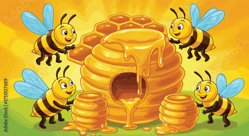 Cheerful cartoon bees around golden honeycomb and honey pots, playful blue-winged insects collecting nectar, educational nature illustration for children poster