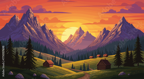 Beautiful mountain valley landscape at sunset with wooden cabins, pine trees, colorful sky, scenic nature view, peaceful countryside illustration