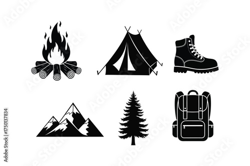 Outdoor adventure set campfire tent boot mountains tree backpack icons for hiking and camping