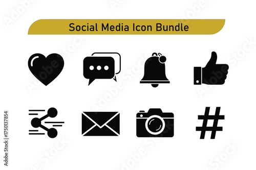 Set of social media icons including heart chat notification thumbs up share mail camera hashtag