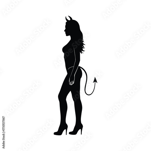 Silhouette of a seductive devil woman with horns and tail elegant pose for fantasy concepts