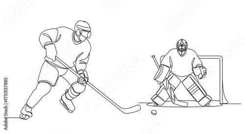 Outline of two ice hockey players, one shooting puck and one goalie  
