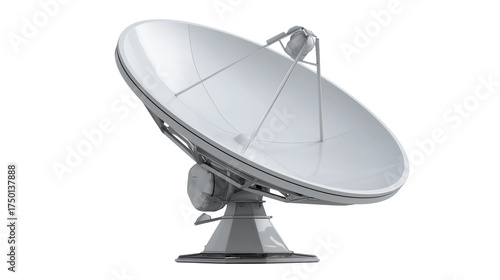 A modern satellite dish stands on a clean white background or transparent png, symbolizing communication, connectivity, technology, and the transmission of global signals.