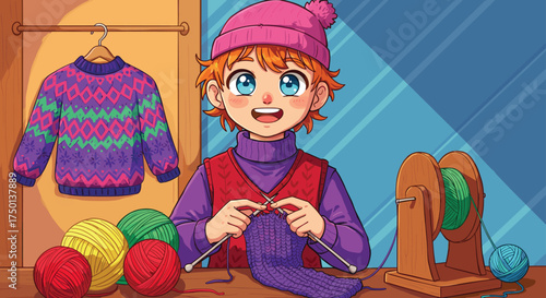 Joyful orange-haired child knitting purple scarf at cozy window, colorful yarns and handmade sweater showcasing traditional craft, creativity and skill