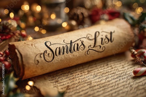 unrolling a vintage parchment scroll titled santa's list on a festive desk with warm lights and holiday decor, a classic christmas scene for gift guides, decor catalogs, and publishing