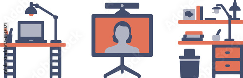 Vector art of flat design icons of home office setup, video conference screen, and desk with computer