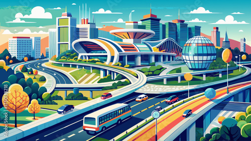 Very beautiful northern Virginia transportation hub with contemporary buildings and looping highways, vector-style urban infrastructure illustration.