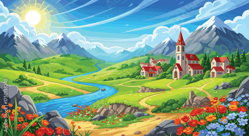 River valley with red-roofed village and church steeple, blooming wildflowers, snow-capped mountains, winding path, sunny blue sky, idyllic peaceful scene