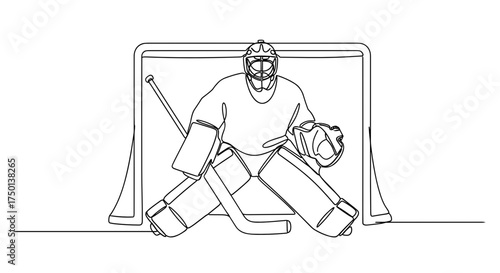Line drawing of ice hockey goalkeeper in stance with equipment  