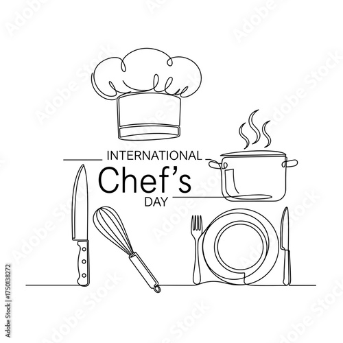 International Chef's Day illustration with kitchen tools and chef hat  