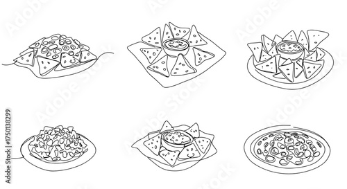 Various plates of nachos with dip in minimalist line art style  