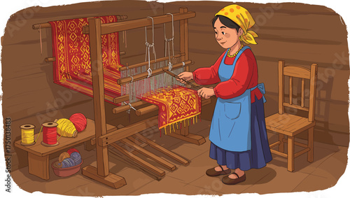 Traditional woman weaving colorful fabric on wooden loom inside rustic room, handmade textile craft, cultural artwork, vintage folk illustration