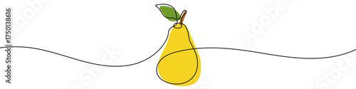 Pear in one line art style. Pear with a leaf drawing with editable black stroke and color on white background. Vector illustration.