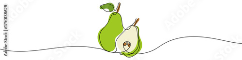 Pear in one line art style. Drawing of a whole pear and its cut half, with editable black stroke and color on white background. Vector illustration.