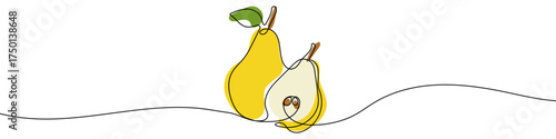 Pear in one line art style. Drawing of a whole pear and its cut half, with editable black stroke and color on white background. Vector illustration.