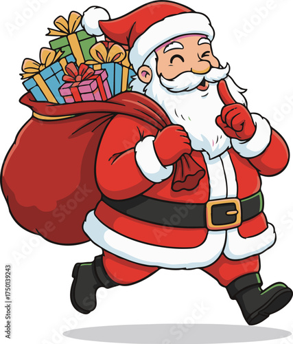 Cute cartoon Santa Claus running with a sack full of colorful presents, perfect for Christmas cards, festive posters, stickers, and winter decorations. High-quality EPS vector illustration for holiday