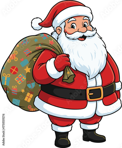 Cute cartoon Santa Claus holding a gift sack, perfect for Christmas cards, holiday posters, festive stickers, T-shirt prints, and winter decorations. High-quality vector illustration in EPS format.