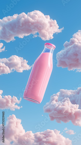 Floating pink bottle among fluffy clouds in blue sky  
