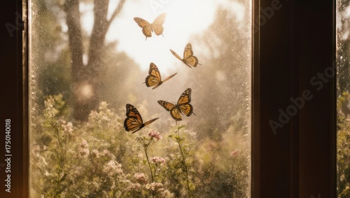 Sunlight streams through a window, illuminating vibrant monarch butterflies in flight, surrounded by foliage