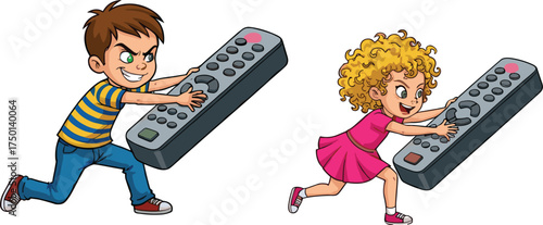Children fighting over remote control cartoon illustration, playful conflict and emotional tension concept artwork for lifestyle, childhood, and symbolic design