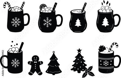 Christmas holiday mugs with candy canes, gingerbread, trees, holly, festive seasonal hot drink icons, CAD drawing flat vector illustration design
