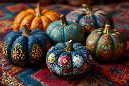 decorated pumpkins in a colorful display with floral decoupage patterns on a vibrant textile, autumn centerpiece and festive decor for home, events, or gifts (gathering, cozy)
