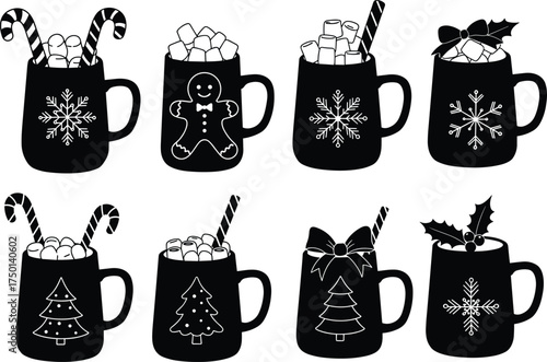 Christmas holiday mugs with snowflakes, gingerbread, candy canes, holly, festive seasonal hot drink set, CAD drawing flat vector illustration design