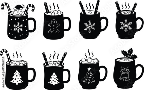 Christmas holiday mugs with snowflakes, gingerbread, cat, candy canes, holly, festive hot drink set, CAD drawing flat vector illustration design