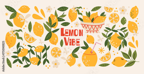 Lemon stickers in retro cartoon style. Citrus fruits elements: whole fruits, slices, juice, flowers, leaves, bowl. Fresh summer shapes. Illustration in funky, doodle style.