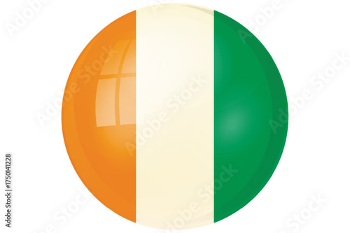 Flag of Cote d’Ivoire. National symbol in official colors. Template icon. Abstract vector background. Round glass light ball, 3D big bubble, sphere.