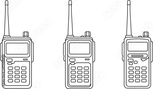Handheld radios walkie talkies, portable wireless communication devices, technology equipment set, CAD drawing flat vector illustration design for stock