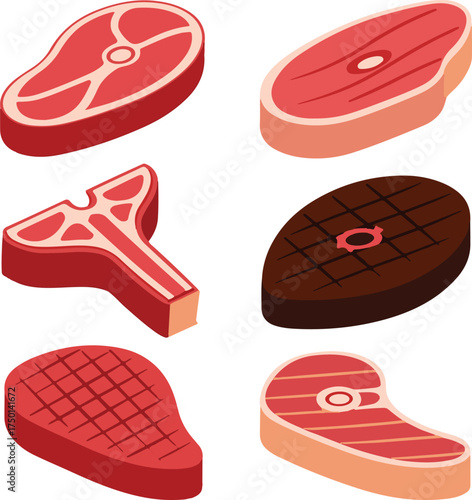 Variety of raw and grilled steak cuts, isometric food vector illustration

