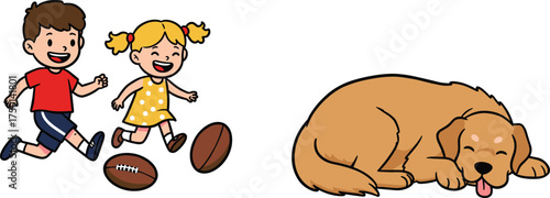 Children playing with footballs cartoon illustration, joyful outdoor activity and emotional contrast concept artwork for lifestyle, childhood, and play design