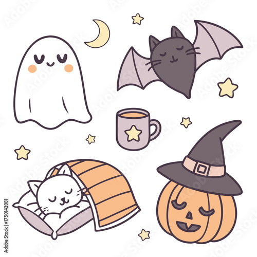 Cute Sleepy Halloween Doodle Icons – Yawning Ghost Clipart Set.svg