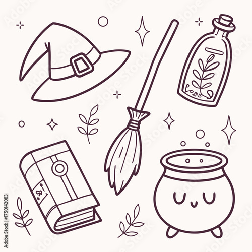 Cute Witch Doodle Icons – Broom, Hat, and Potion Bottle Clipart Set.svg
